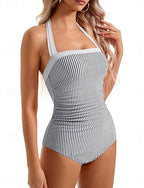 One Piece Swimsuit Slimming Cutout Leopard Monokini Briefs Tummy Control High Waist Slim Backless Vacation Beach Wear Color Color Block Halter Neck Sleeveless Bathing Suits