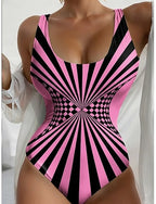 One Piece Swimsuit Slimming Colorblock Monokini High Cut Tummy Control High Waist Slim Backless Vacation Graphic Geometric U Neck Sleeveless Bathing Suits