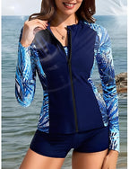 Bikini 3 Piece Swimsuit Zip Front Palm Shorts Tummy Control High Waist Slim Backless Vacation Beach Wear Round Neck Long Sleeve Bathing Suits