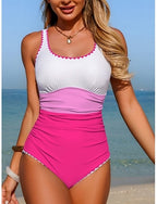 Swimwear One Piece Monokini Swimsuit Tummy Control High Waist Slim Backless Vacation Beach Wear Color Block Scoop Neck Sleeveless Bathing Suits