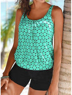 Swimwear Tankini 2 Piece High Waist Swimsuit Tummy Control High Waist Slim Backless Vacation Beach Wear Geometic V Neck Sleeveless Bathing Suits