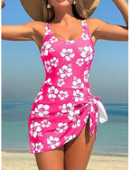 One Piece Swimsuit With Skirt Monokini High Cut Tummy Control High Waist Slim Backless Vacation Graphic U Neck Sleeveless Bathing Suits
