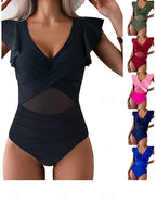Swimwear One Piece High Cut Swimsuit Patchwork Backless Vacation Beach Wear Plain V Neck Sleeveless Bathing Suits