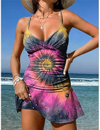 Swimwear One Piece Skirt Swimsuit Vacation Graphic Geometric V Neck Sleeveless Bathing Suits