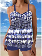 Tankini 2 Piece Swimsuit Shorts Tummy Control High Waist Slim Backless Vacation Beach Wear Geometric Striped V Neck Sleeveless Bathing Suits