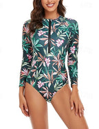 Rash Guard One Piece Swimsuit Patchwork Printed Front Zip Quick Dry Lightweight Breathable Long Sleeve Bodysuit Bathing Suit Surfing Beach Water Sports Summer