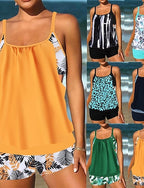Swimwear 2 Piece Shorts Swimsuit Patchwork Backless Vacation Beach Wear U Neck Sleeveless Bathing Suits