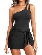 One Piece Swimsuit With Skirt Monokini Tummy Control High Waist Slim Backless Vacation Beach Wear Color Asymmetric Neck Sleeveless Bathing Suits