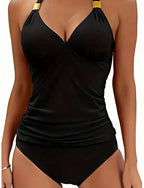 Tankini 2 Piece Swimsuit Ruched Briefs Tummy Control High Waist Slim Backless Vacation Beach Wear Color Halter Neck Sleeveless Bathing Suits