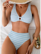 Swimwear Bikini 2 Piece Briefs Swimsuit Slim Backless Vacation Beach Wear Striped V Neck Sleeveless Bathing Suits