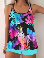 Swimwear 2 Piece Shorts Swimsuit Backless Vacation Beach Wear Graphic Round Neck Sleeveless Bathing Suits