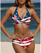 American Independence Day Swimwear Bikini Briefs Swimsuit Vacation Graphic Flag Halter Neck Sleeveless Bathing Suits