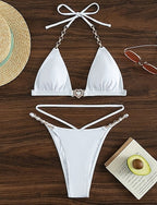 Swimwear 2 Piece Cheeky Swimsuit Backless Vacation Beach Wear Color Halter Neck Sleeveless Bathing Suits