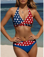 Swimwear Bikini Briefs Swimsuit Vacation Graphic Flag Halter Neck Sleeveless Bathing Suits