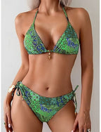 Bikini 2 Piece Swimsuit Tie Side Slim Backless Vacation Beach Wear Color Block Halter Neck Sleeveless Bathing Suits