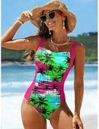 One Piece Swimsuit Slimming Ruched Palm Monokini High Cut Tummy Control High Waist Backless Vacation Beach Wear Graphic Tropical U Neck Sleeveless Bathing Suits