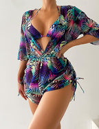 Bikini 3 Piece Swimsuit High Waist Slim Vacation Beach Wear Leaves V Neck Sleeveless Bathing Suits