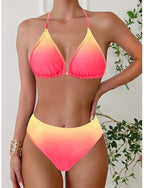 Bikini 2 Piece Swimsuit Briefs Tummy Control High Waist Slim Backless Vacation Beach Wear Ombre Halter Neck Sleeveless Bathing Suits