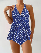 Swimwear 2 Piece Shorts Swimsuit Backless Vacation Beach Wear Polka Dot V Neck Sleeveless Bathing Suits