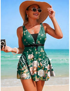Tankini 2 Piece Swimsuit With Skirt Skirt Backless Vacation Beach Wear Graphic V Neck Sleeveless Bathing Suits
