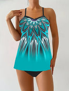 Swimwear 2 Piece Cheeky Swimsuit Backless Vacation Beach Wear Graphic Round Neck Sleeveless Bathing Suits