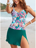Swimwear Tankini 2 Piece Skirt Swimsuit Tummy Control High Waist Slim Backless Vacation Beach Wear Leopard V Neck Sleeveless Bathing Suits