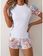Swimwear Tankini 2 Piece Shorts Swimsuit Tummy Control High Waist Slim Backless Vacation Beach Wear Graphic High Neck Short Sleeves Bathing Suits
