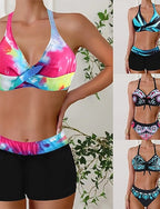 Bikini 2 Piece Swimsuit Cheeky Slim Backless Vacation Beach Wear Graphic Color Block Halter Neck Sleeveless Bathing Suits