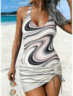 Swimwear Tankini 2 Piece Skirt Swimsuit Drawstring Halter Vacation Color Block Geometic Scoop Neck Sleeveless Bathing Suits