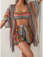 Swimwear Bikini Three Piece Shorts Swimsuit Slim Backless Vacation Beach Wear Striped Halter Neck Sleeveless Bathing Suits