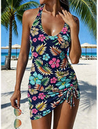 Swimwear Tankini Skirt Swimsuit Drawstring Vacation Graphic V Neck Sleeveless Bathing Suits