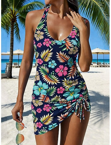 Swimwear Tankini Skirt Swimsuit Drawstring Vacation Graphic V Neck Sleeveless Bathing Suits
