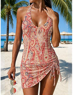 Swimwear Tankini Skirt Swimsuit Drawstring Vacation Graphic V Neck Sleeveless Bathing Suits