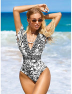 Swimwear One Piece Briefs Swimsuit Cutout Slimming Uv Protection Plunge 3d Active Graphic V Neck Sleeveless Bathing Suits