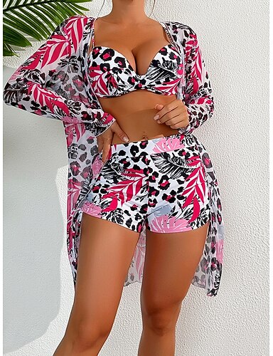 Bikini 3 Piece Swimsuit Underwire Leopard Shorts Slim Backless Vacation Beach Wear V Neck Sleeveless Bathing Suits