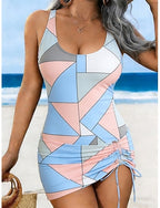 Swimwear Tankini 2 Piece Skirt Swimsuit Drawstring Vacation Geometric Scoop Neck Sleeveless Bathing Suits