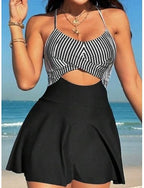 Swimwear One Piece Monokini Swim Dress Swimsuit Tummy Control High Waist Slim Backless Vacation Beach Wear Stripe Scoop Neck Sleeveless Bathing Suits