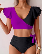 Swimwear 2 Piece Cheeky Swimsuit Ruched Patchwork Backless Vacation Beach Wear Color Block V Neck Sleeveless Bathing Suits
