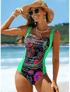 One Piece Swimsuit Slimming Ruched Monokini High Cut Tummy Control High Waist Backless Vacation Beach Wear Graphic Paisley U Neck Sleeveless Bathing Suits