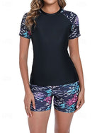 Rash Guard Bathing Suit 2 Pieces Printed Ultra Light (ul) Uv Protection Elastic Short Sleeve Swimwear Surfing Snorkeling Spring