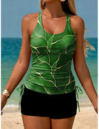 Tankini 2 Piece Swimsuit Ruched Shorts Backless Vacation Beach Wear Ombre Graphic Scoop Neck Sleeveless Bathing Suits