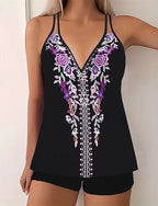 Tankini Two Piece Swimsuit V Neck Swimwear Swimwear Black Purple Breathable Quick Dry Lightweight Sleeveless - Swimming Surfing Beach Summer Spring