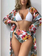 Swimwear Bikini Three Piece Briefs Swimsuit Slim Backless Vacation Beach Wear Halter Neck Long Sleeve Bathing Suits