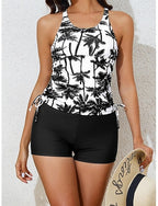 Tankini 2 Piece Swimsuit Ruched Palm Shorts Tummy Control High Waist Slim Backless Vacation Beach Wear Leaves V Neck Sleeveless Bathing Suits