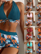 Swimwear Bikini 2 Piece Shorts Swimsuit Patchwork Backless Vacation Beach Wear Halter Neck Sleeveless Bathing Suits