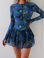 Swimwear One Piece Skirt Swimsuit Zipper Vacation Beach Wear Graphic Leaves High Neck Long Sleeve Bathing Suits
