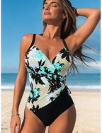 One Piece Swimsuit Slimming Ruched Underwire Briefs Vacation Graphic V Neck Sleeveless Bathing Suits