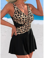 Swimwear One Piece Monokini Swim Dress Swimsuit Tummy Control High Waist Slim Backless Vacation Beach Wear Leopard Color Block V Neck Sleeveless Bathing Suits
