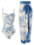 One Piece Swimsuit Monokini Skirt Tummy Control High Waist Slim Backless Vacation Beach Wear Graphic Halter Neck Sleeveless Bathing Suits