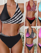 Swimwear 2 Piece Skirt Swimsuit Backless Vacation Beach Wear Stripe Striped V Neck Sleeveless Bathing Suits